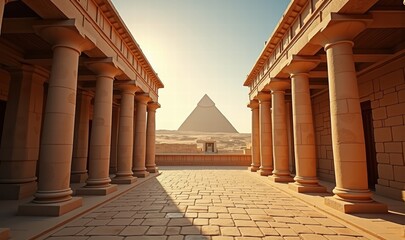 Stunning view of a majestic pyramid framed by ancient columns, capturing the grandeur of Egyptian architecture and history, ideal for travel, education, or cultural projects.