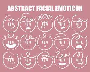 Outline flat face with variety cute and funny facial expression set. Cartoon doodle style round character emotion. Comic colorful happy, calm, worry, angry, anxiety, smile face with line draw hair