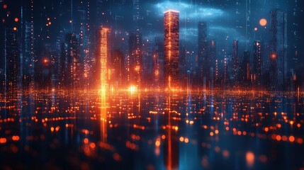 Naklejka premium Futuristic Cityscape at Night with Glowing Lights and Digital Effects