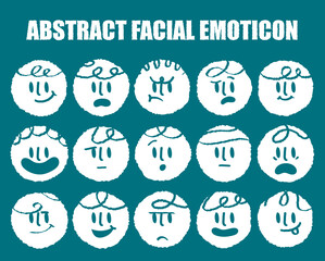 Abstract flat face with variety cute and funny facial expression set. Cartoon doodle style round character emotion. Comic colorful happy, calm, worry, angry, anxiety, smile face with line draw hair