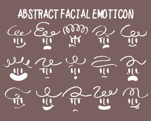 Set of doodle chalk facial emoticon vector. Hand drawn comic style variety face emotion expression. Crayon pencil drawing cartoon line mood. Flat childish head. Abstract happy angry smile shock sad.