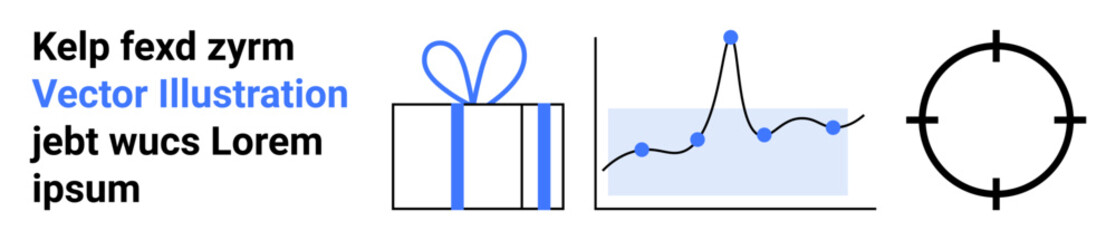 Gift box with a bow, line graph with data points, and target symbol. Ideal for business presentations, data analysis, marketing strategy, gift services, website design, user interface