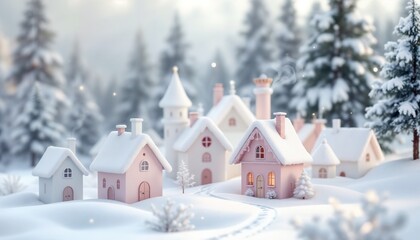 Naklejka premium Charming winter village with snow-covered houses and pine trees in dreamy snowy landscape 