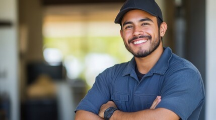 Smiling Hispanic man in work uniform, arms crossed. Perfect for websites needing diverse, friendly worker images.