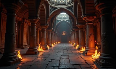 Obraz premium A mystical, dimly lit corridor with ornate arches and flickering flames, perfect for fantasy themes, gaming design, or cinematic visuals.