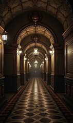 Obraz premium A captivating, dimly-lit hallway with ornate architecture, creating a mysterious atmosphere ideal for film, haunted attractions, or historical presentations.