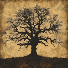 Silhouette Of A Large Leafless Tree Against A Gold Background