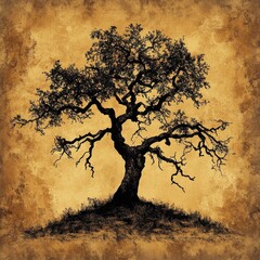 Ancient Oak Tree Silhouette Against Golden Background