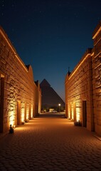 An enchanting view of the illuminated pathway leading to the Great Pyramid at night, showcasing the majestic beauty of ancient Egyptian architecture.