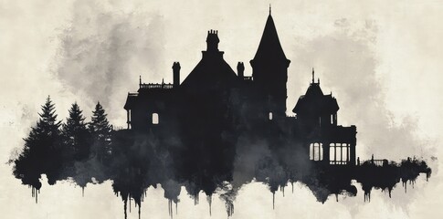 Obraz premium A Silhouetted Victorian Mansion Amidst Trees