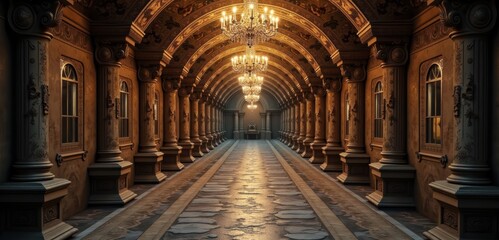 Obraz premium A grand, illuminated corridor featuring ornate arches, chandeliers, and classic architecture, perfect for themes of elegance, luxury, or historical significance.