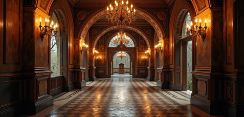 A majestic hallway adorned with chandeliers and intricate architectural details, perfect for luxury branding, event planning, and interior design.