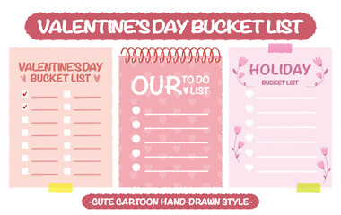 Hand drawn style valentine's day bucket lists set. Checklists with heart and flower pattern. Cartoon doodle style day do list for lover. Cute colorful new year bucket list memo. Chart Paper note Idea