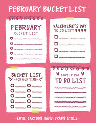 Hand drawn style valentine's day bucket lists set. Checklists with heart and flower pattern. Cartoon doodle style day do list for lover. Cute colorful romantic bucket list memo. Chart Paper note Idea