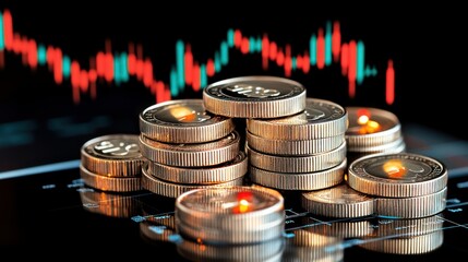 Stacked Coins with Financial Graph in Background Depicting Wealth Growth