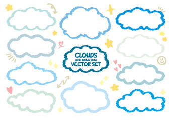 Collection of blue out line cute dialog box. Hand drawn with crayon drawing memo sticker. Doodle style chat frame for text. Cartoon conversation balloon. Set of speech bubbles in flat short message.