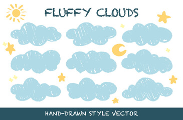 Crayon drawing textured fluffy clouds and stars vector set. Childish wax pencil scribble sketch doodle cloudy sky. Cartoon style rough cute pastel texture clouds in kid's style. Weather elements set.