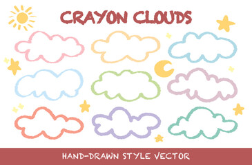 Variety of chalk drawing outline fluffy cloud sky set vector. Hand drawn childish style wax crayon drawn white clouds. Doodle cloudy weather. Cute childish 