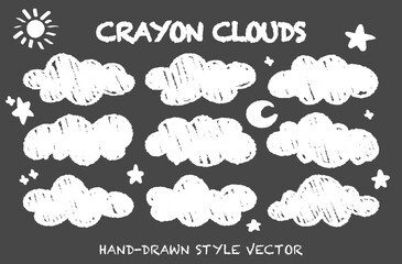 Variety of chalk drawing fluffy cloud sky set vector. Hand drawn childish style wax crayon drawn white clouds. Doodle cloudy weather element. Cute childish  