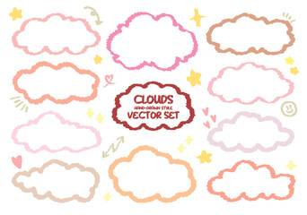 Set of pink color wax crayon drawing outline fluffy cloud vector. Hand drawn doodle weather sky pattern. Childish pencil drawn line clouds element Sketch cloudy star in kids style Weather cartoon. kid