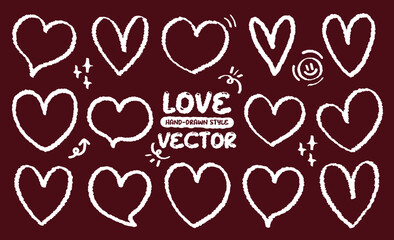 Hand drawn style chalk white line drawing heart pattern icon vector. Crayon grunge brush cute love shape set. Variety of free hand cartoon doodle style hearts icon. Valentine lover romantic chalkboard