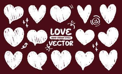 Hand drawn style chalk white drawing heart pattern icon vector. Crayon grunge brush cute love shape set. Variety of free hand cartoon doodle style hearts icon. Valentine lover romantic chalkboard
