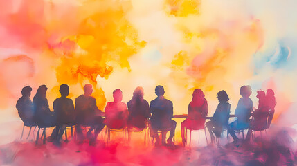 Thought-provoking watercolor painting of a group therapy session, highlighting mental health concepts and the importance of community support. Moonpetal. Illustration