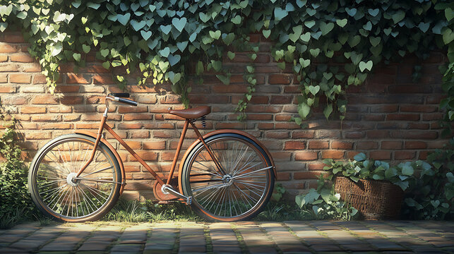 A beautiful vintage bicycle leaning against a brick wall covered in ivy