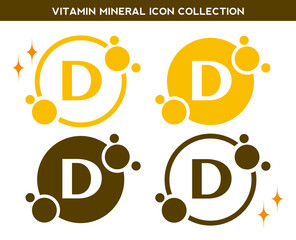 Vitamin, mineral icon. Set of flat yellow vitamin D vector. Golden vitamin mineral D capsule. Nutrition, food supplement design. Multivitamin complex Vitamins capsules. Dietary supplement pharmacy