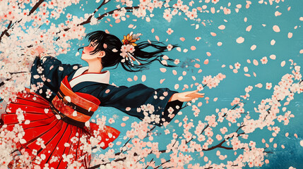 Obraz premium 春の桜が咲く景色で着物を着た女性が桜に待っているイラスト