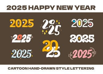 2025 Happy New Year typographic. Set of Handwriting style greeting text. Cute hand drawn style colorful New Year holiday lettering Decorative retro style happy new year Calligraphy vector collection