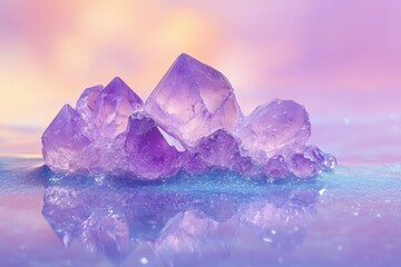 Obraz premium Amethyst cluster reflecting on a purple surface. Perfect for spirituality, wellness, or crystal healing websites.