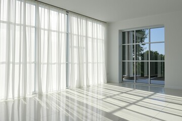 Bright minimalistic white room with sunlight and flowing curtains.generative AI
