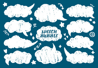 White text boxes and speech bubbles with crayon chalk texture vector set Pencil doodle communication frame comic talk balloon in brush grunge sketch style. Hand drawn kid's drawing dialog balloon. 