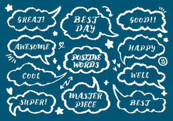 omic style cute quote colorful speech bubble with positive words. Set of hand drawn memo frame. Cartoon doodle crayon drawing cloud, box, message. Flat vector. Best, Awesome, WOW, Master, Piece, Go