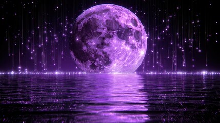 Enchanting Purple Moon with Stars Over Calm Reflection Water Surface
