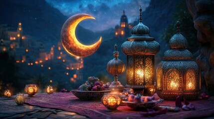 Majestic Lanterns and Crescent Moon Over Scenic Night Landscape