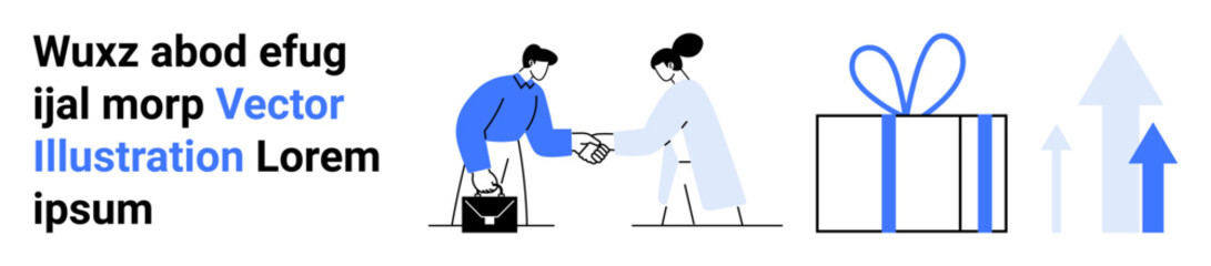 Business handshake between a man and a woman, gift box tied with a ribbon, and ascending arrows. Ideal for business partnerships, cooperation, growth, success, teamwork, achievement corporate