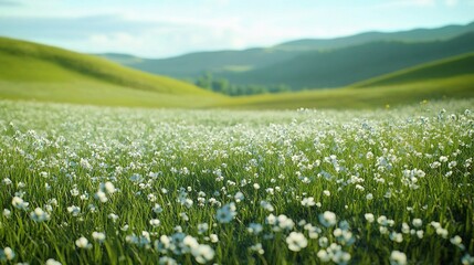 Fototapeta premium Beautiful Natural Spring Landscape with Flowering Green Fields