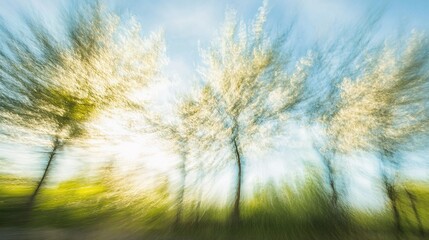 Captivating Springtime Scene of Blurred Blossoming Trees