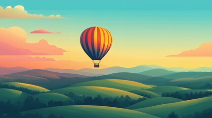Fototapeta premium Hot Air Balloon Over Rolling Hills Sunset Landscape