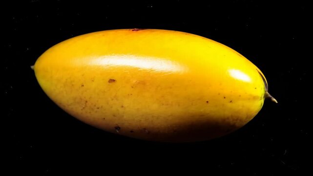 Bright yellow mango resting on a dark surface highlighting its smooth, shiny skin and elongated shape