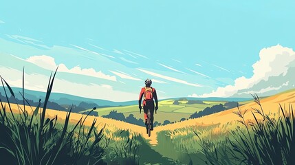 Fototapeta premium Cyclist Rides Through Rolling Countryside Hills