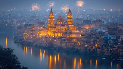Naklejka premium Illuminated riverside temple, fireworks, India, night
