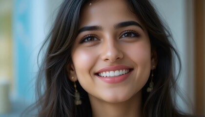 Potrait Of Young Indian Woman with Radiant Smile and Bright Eyes, Capturing Carefree Joy and Gentle Beauty With a Neutral Background