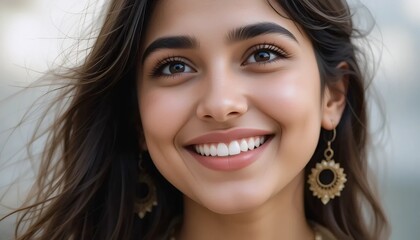 Fototapeta premium Potrait Of Young Indian Woman with Radiant Smile and Bright Eyes, Capturing Carefree Joy and Gentle Beauty With a Neutral Background