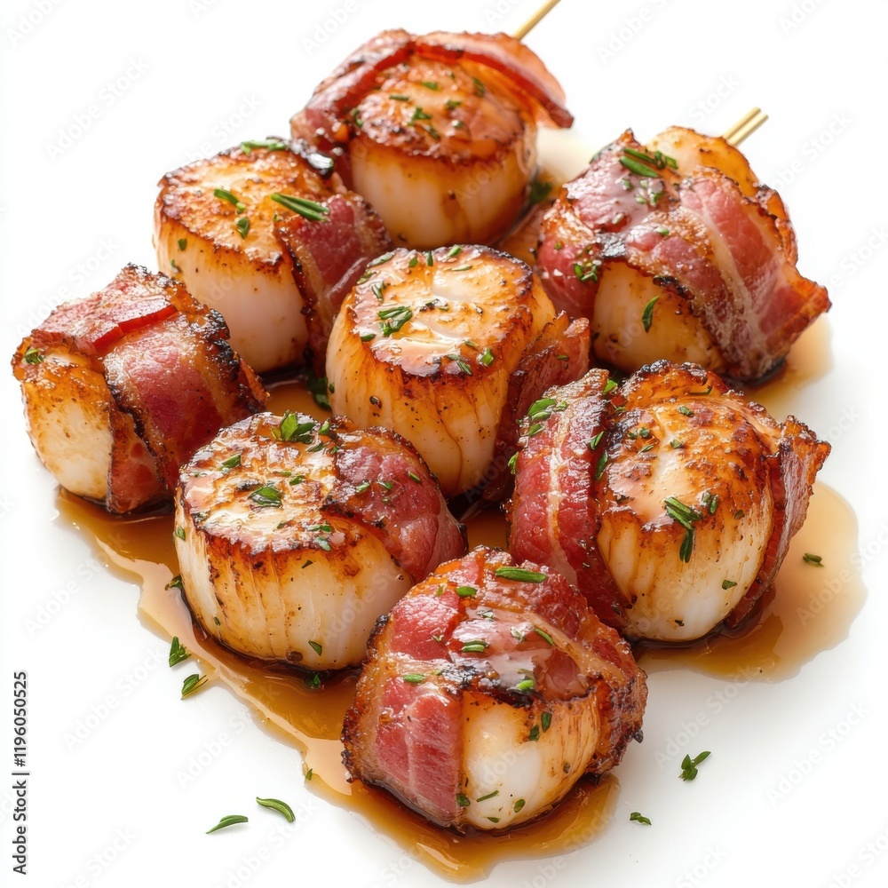 Poster  Tender scallops wrapped in smoky bacon and drizzled