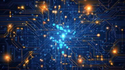 Fototapeta premium Abstract Background of Blue and Orange Circuit Board Design with Glowing Lights and Technology Theme for Digital Media and Creative Projects