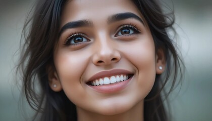 Potrait Of Young Indian Woman with Radiant Smile and Bright Eyes, Capturing Carefree Joy and Gentle Beauty With a Neutral Background