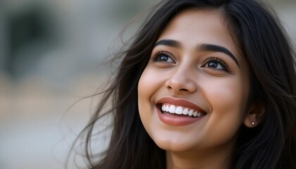 Potrait Of Young Indian Woman with Radiant Smile and Bright Eyes, Capturing Carefree Joy and Gentle Beauty With a Neutral Background